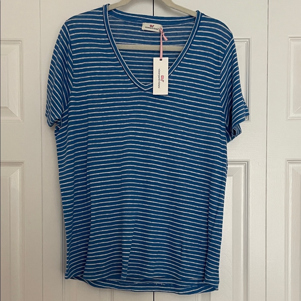 Vineyard Vines Blue and White Striped V-Neck Short Sleeve Tee